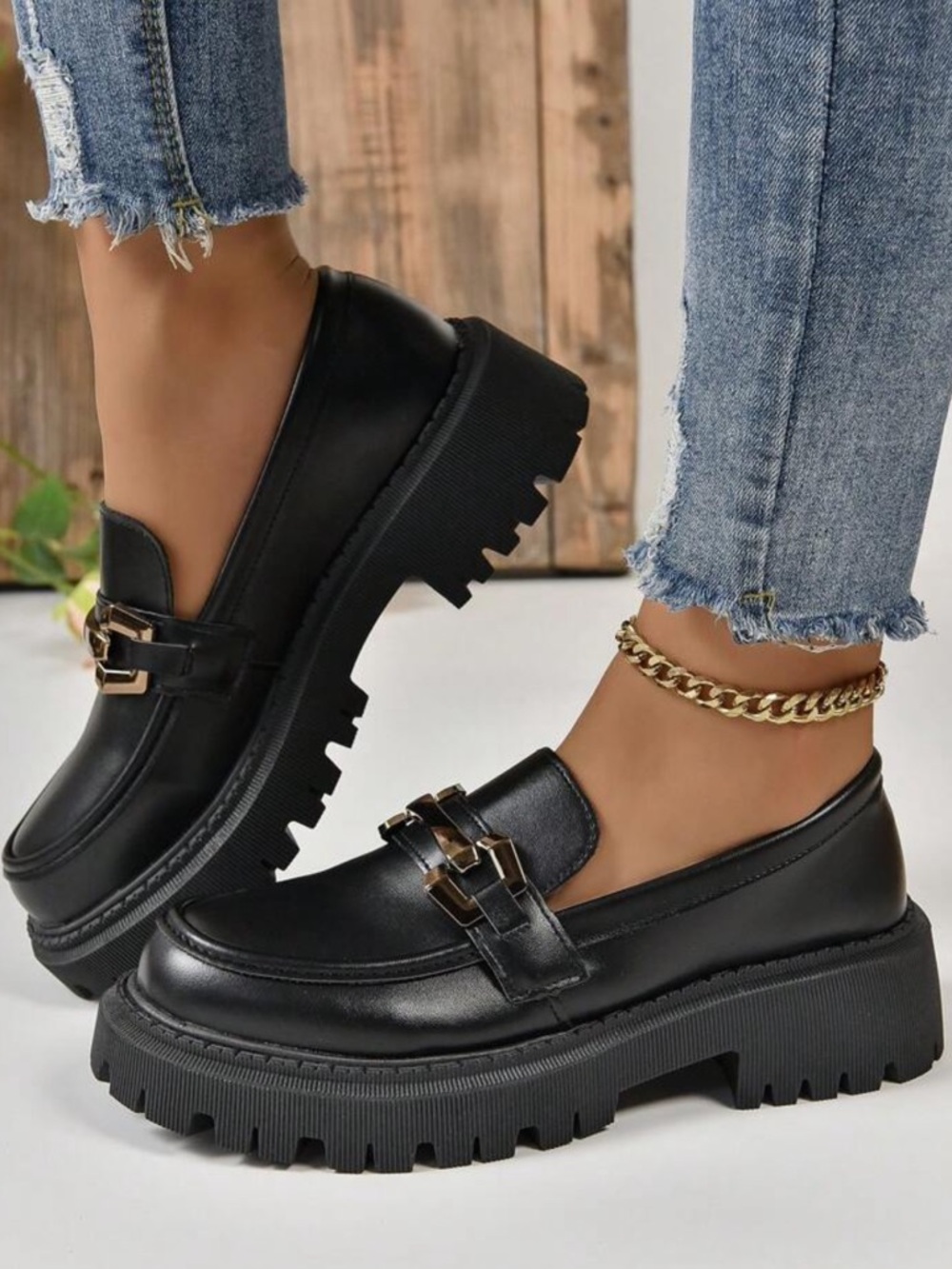 Black Chunky Platform Loafers with Gold Hardware - 9.5 - Picture 3 of 6